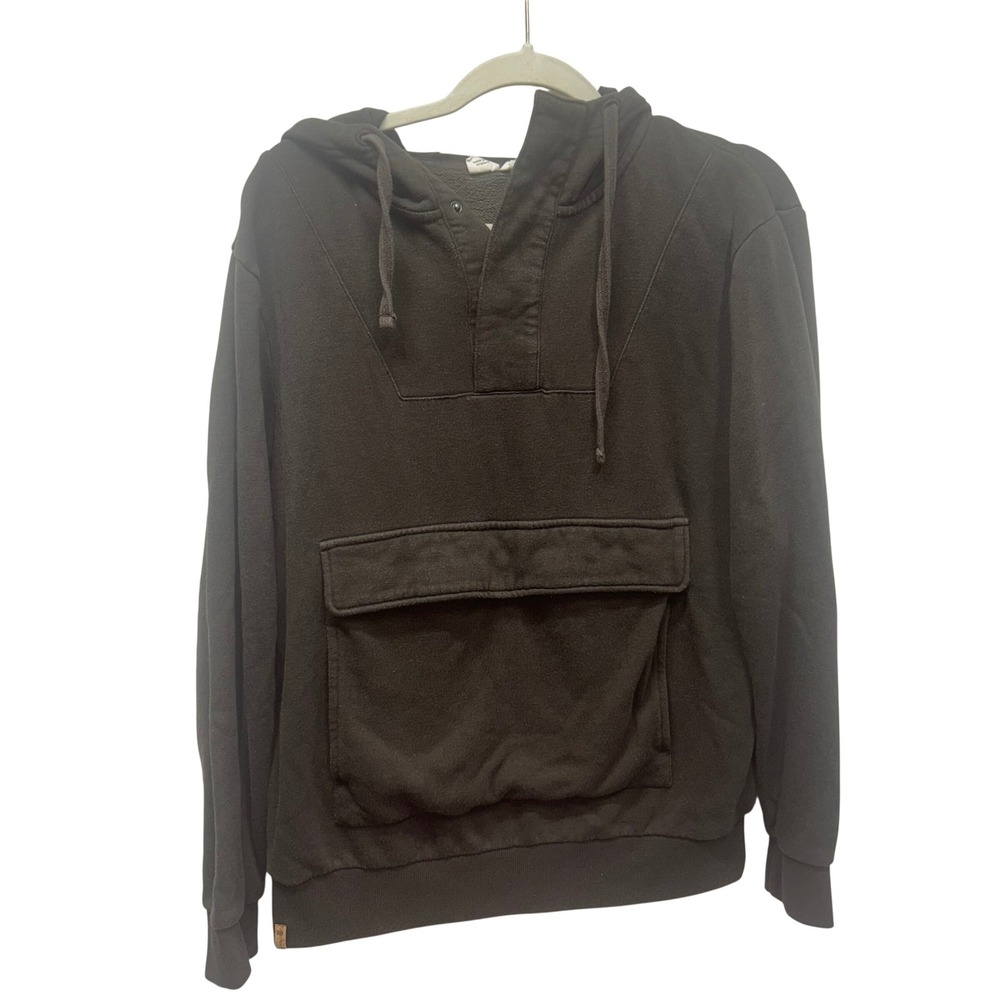 Tentree Mens Organic Cotton Blend Henley Snap Hoodie Front Pocket Brown Medium